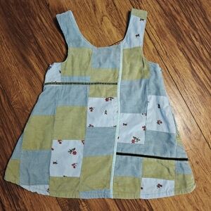 Y2K Corduroy Patchwork Dress Embroidered Floral Baby‎ 12-18M Vintage Blue Green